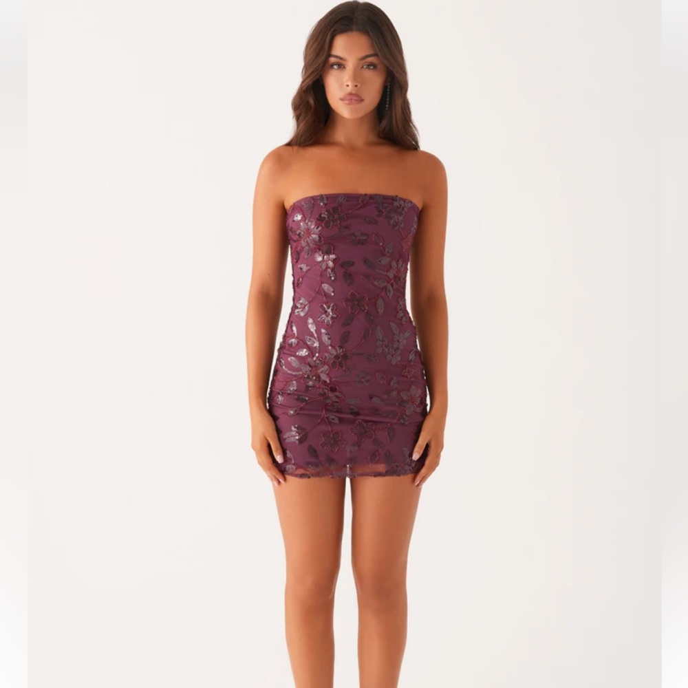 Strapless Burgundy Floral Mini Dress